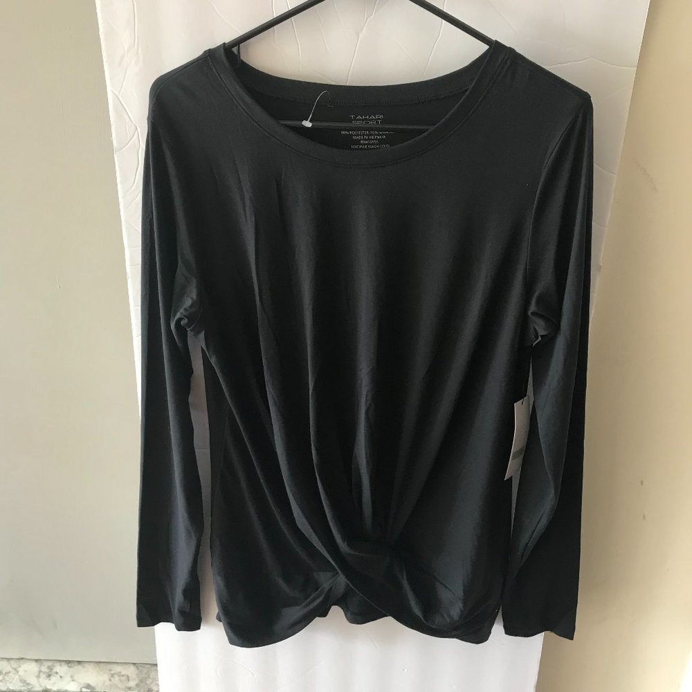 Tahari Sport Black Long Sleeve Relaxed Twist Front Tee Sz M NWT